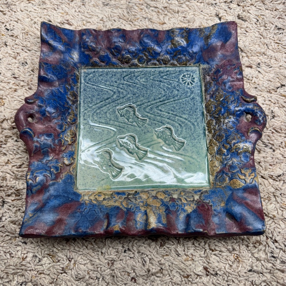 Michael Kennedy Pottery Square Tray 8.5"x 8.5"Unique Textural Glazed Pink Blue